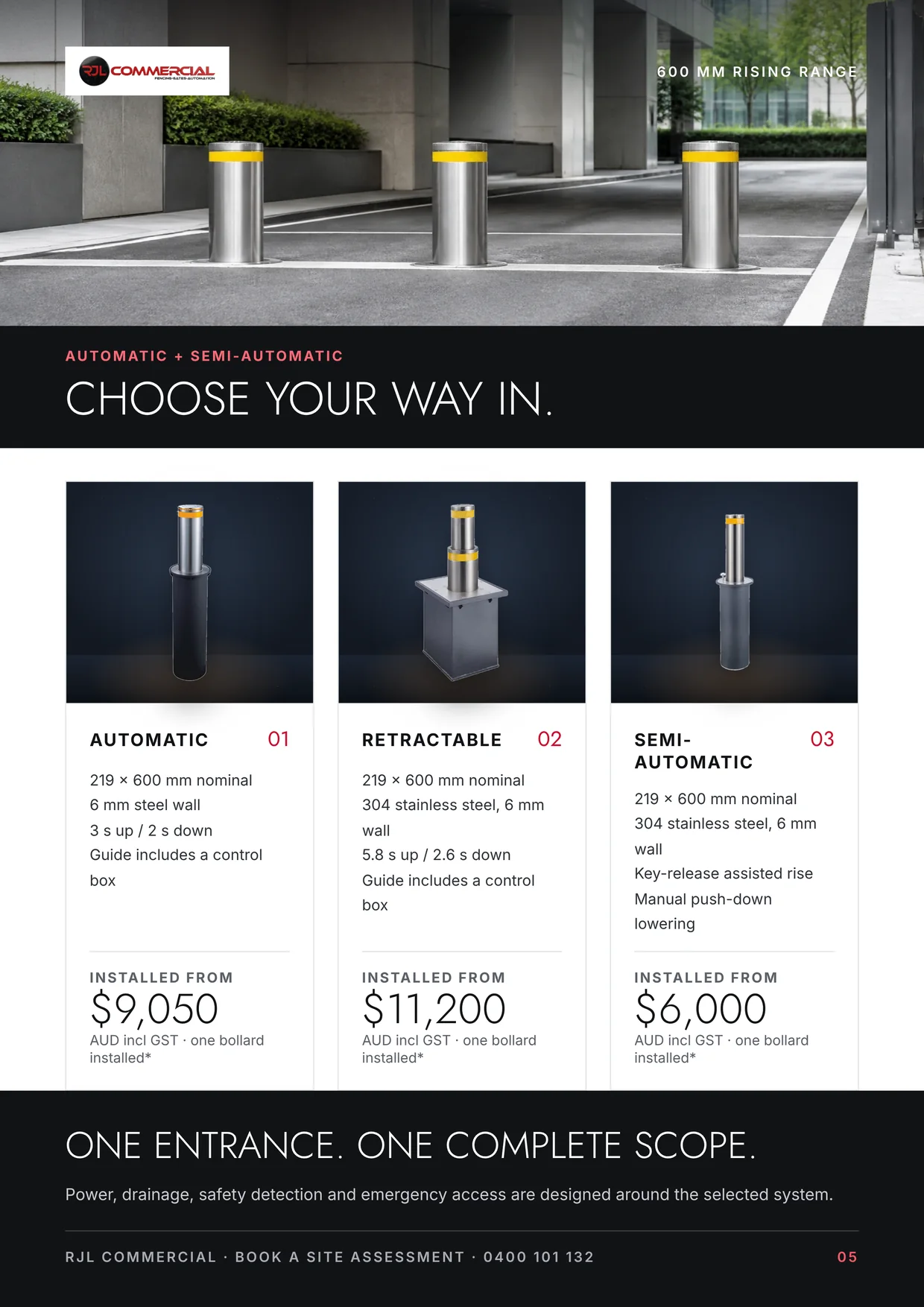Page 5: 600 mm rising bollard range
