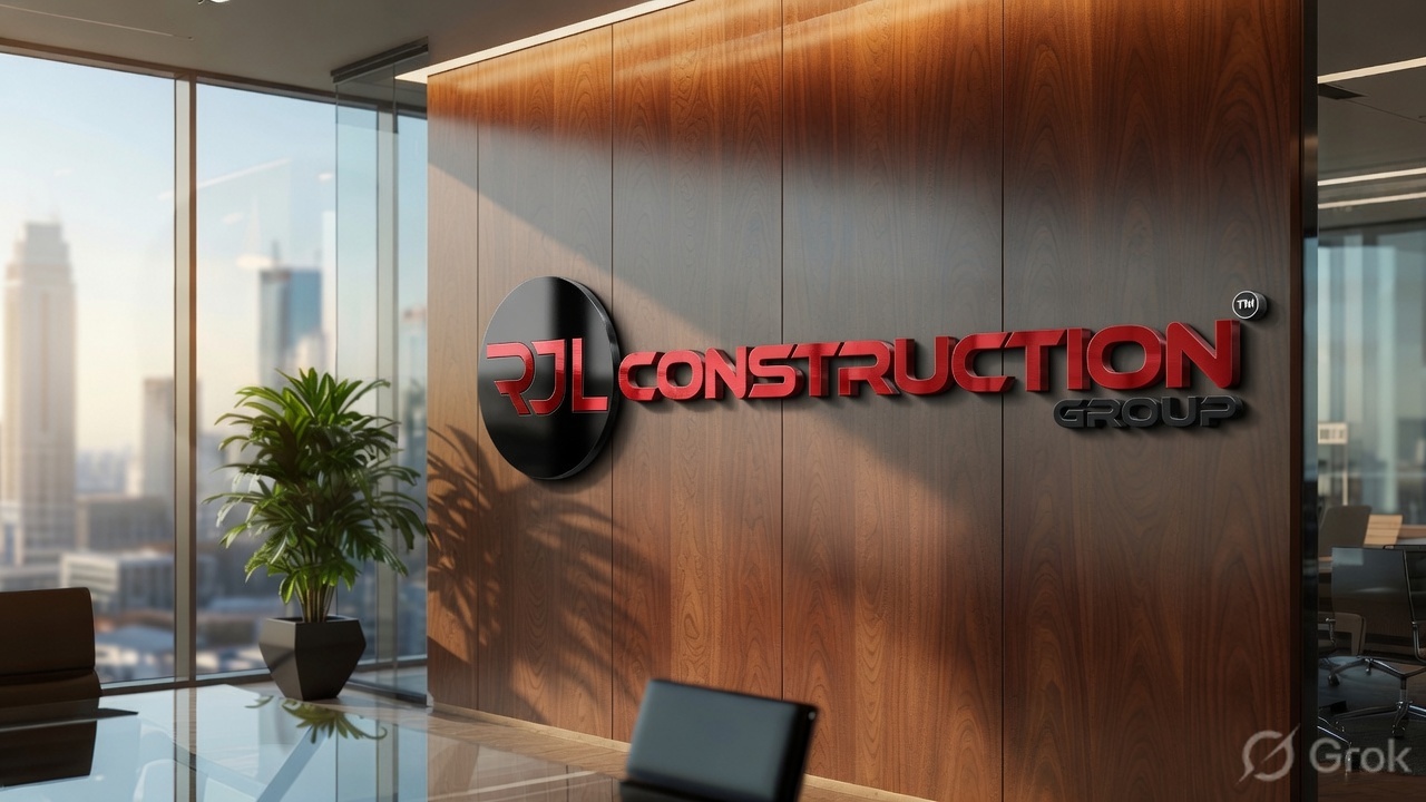 RJL Construction Group office branding displayed in a modern commercial workspace