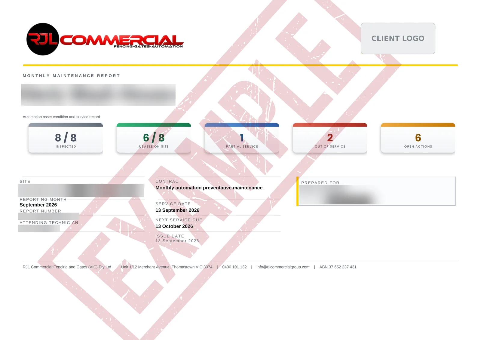 Sample RJL maintenance report cover with asset status summary
