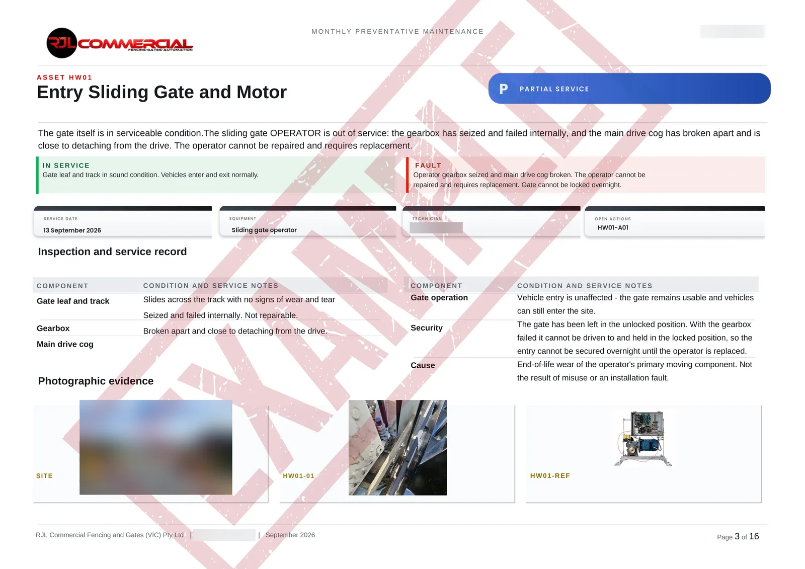 Sample RJL maintenance report asset page with fault, service record and photos